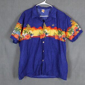 Vintage 70s Hang Ten Shirt Mens XL Blue Hawaiian Aloha Camp Collar Wood Buttons